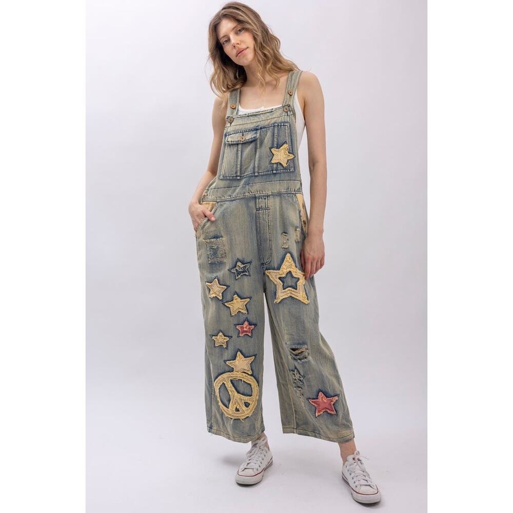 NWT Blue Velvet Peace be with you boho applique overalls - size xl